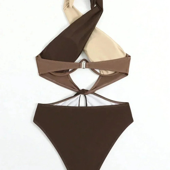 Multicolor Women's Beach Colorblock Criss Cross Halter One-Piece Swimsuit - Picture 2 of 6